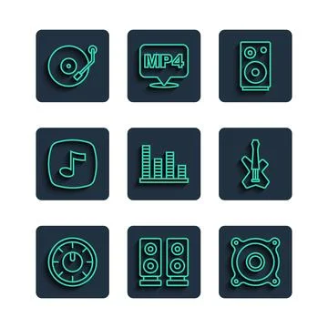 Set line Sound mixer controller, Stereo speaker, Music equalizer, note, ton.. Stock Illustration