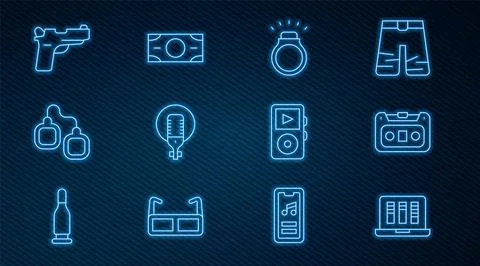 Set line Sound or audio recorder, Retro cassette tape, Diamond ring, Microphone Stock Illustration