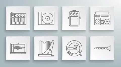 Set line Sound or audio recorder on laptop, CD DVD disk, Harp, Music player.. Stock Illustration