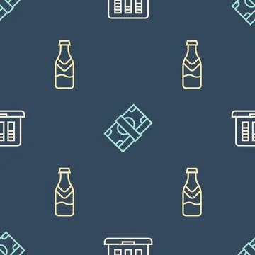Set line Sound or audio recorder, Beer bottle and Stacks paper money cash o.. Illustrazione stock