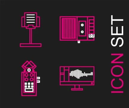 Set line Sound or audio recorder on monitor, Microphone, Music tape player .. Stock Illustration