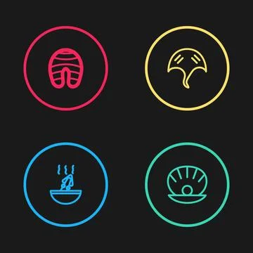 Set line Soup with octopus, Shell pearl, Stingray and Fish steak icon. Vector Stock Illustration