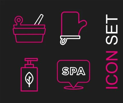 Set line Spa salon, Essential oil bottle, Sauna mittens and bucket and ladl.. Stock Illustration