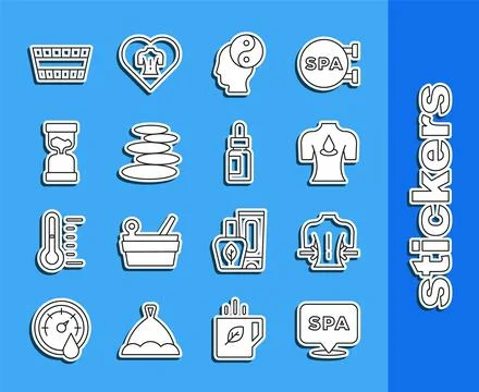 Set line Spa salon, Massage, with aroma oils, Yin Yang, Stack hot stones, O.. Stock Illustration