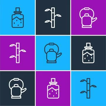 Set line Spa salt, Kettle with handle and Bamboo stems leaves icon. Vector Illustrazione stock