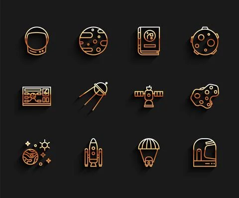 Set line Space and planet, shuttle rockets, Astronaut helmet, Planet Saturn Ilustração Stock