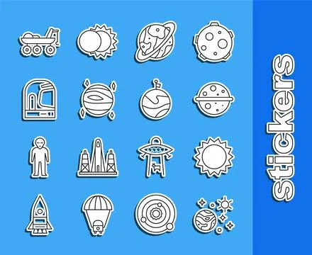 Set line Space and planet, Sun, Planet Venus, capsule parachute, Astronaut .. Stock Illustration