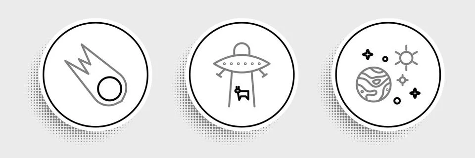 Set line Space and planet, Comet falling down fast and Planet icon. Vector Illustrazione stock