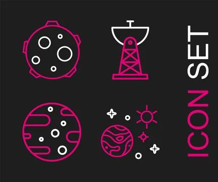 Set line Space and planet, Satellite dish,  and UFO abducts cow icon. Vector Stock Illustration