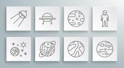 Set line Space and planet, UFO flying spaceship, capsule parachute, Falling.. Stock Illustration
