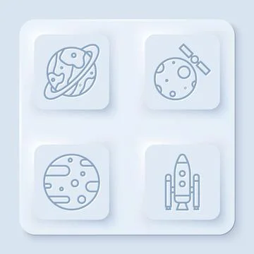 Set line Space capsule and parachute, Satellites orbiting the planet Earth Stock Illustration
