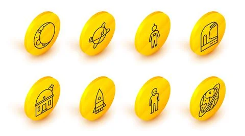 Set line Space capsule and parachute, Alien, Rocket ship, Astronomical observ 库存插图