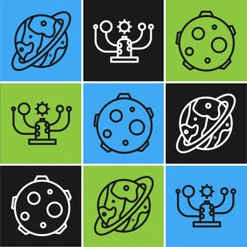 Set line Space capsule and parachute, UFO abducts cow and Solar system icon Stock Illustration