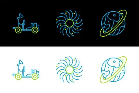 Set line Space capsule and parachute, Mars rover and Black hole icon. Vector Stock Illustration