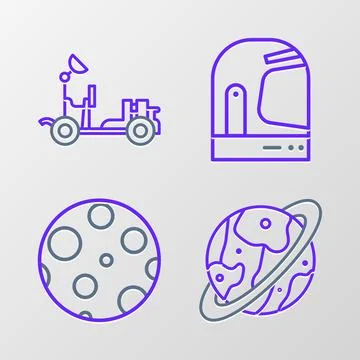 Set line Space capsule and parachute, Moon, Astronaut helmet and Mars rover.. Stock Illustration