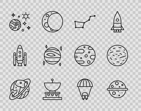 Set line Space capsule and parachute, Planet Venus, Great Bear constellatio.. Stock Illustration