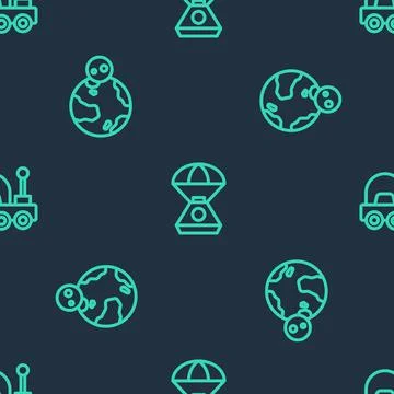 Set line Space capsule, Earth globe and Mars rover on seamless pattern. Vector Stockillustratie