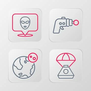 Set line Space capsule, Earth globe, Ray gun and Alien icon. Vector 스톡 일러스트
