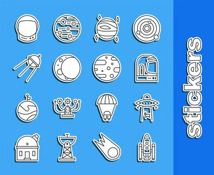 Set line Space shuttle and rockets, Planet, Astronaut helmet, Venus, Moon Ilustração Stock