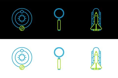 Set line Space shuttle and rockets, Solar system and Magnifying glass icon... Stock Illustration