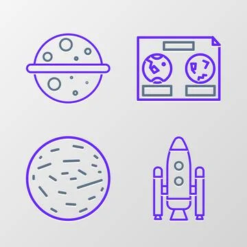 Set line Space shuttle and rockets, Planet Mars, Celestial map of the night.. Stock Illustration