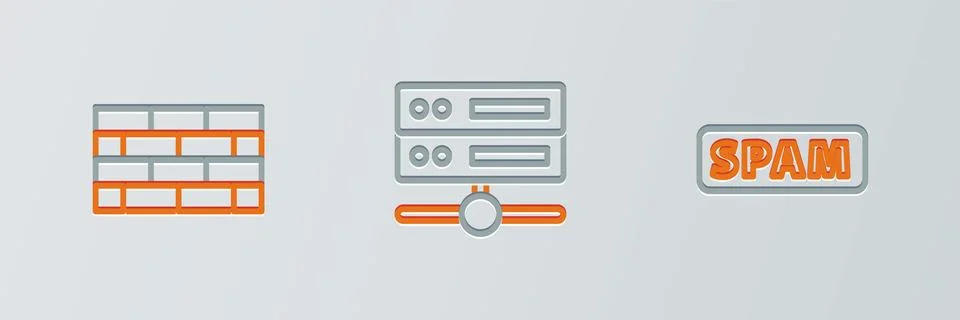 Set line Spam, Firewall, security wall and Server, Data, Web Hosting icon Stock Illustration