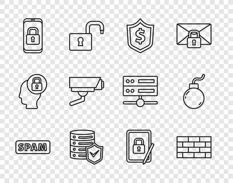 Set line Spam, Firewall, security wall, Shield with dollar, Server shield Stockillustratie