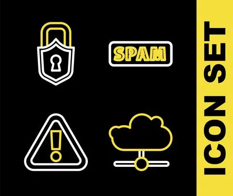 Set line Spam, Network cloud connection, Exclamation mark in triangle and Lock イラスト素材