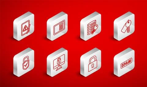 Set line Spam, Safe, Server security with key, Marked, Lock, Tablet exclamation Stock Illustration