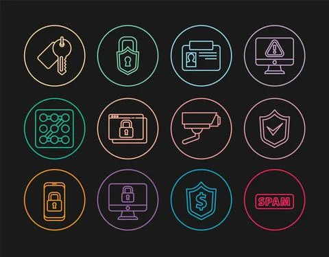 Set line Spam, Shield with check mark, Identification badge, Secure your site Stock-Illustration