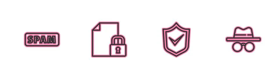 Set line Spam, Shield with check mark, Document and lock and Incognito mode icon Illustrazione stock