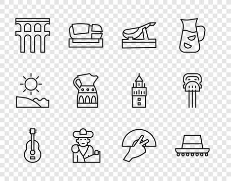 Set line Spanish guitar, hat, jamon, Bullfight, matador, Aqueduct of Segovia Ilustración de archivo