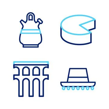 Set line Spanish hat, Aqueduct of Segovia, Cheese and Sangria pitcher icon... Ilustración de archivo