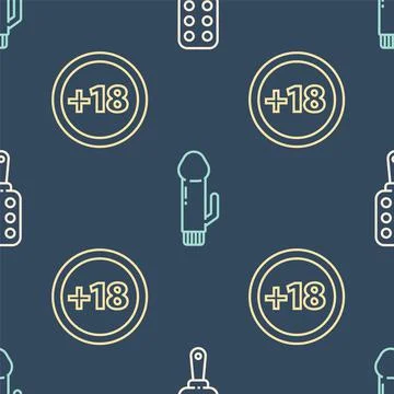 Set line Spanking paddle, Plus 18 movie and Dildo vibrator on seamless pattern 스톡 일러스트