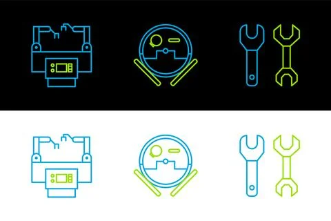 Set line Spanner, Assembly line and Robot vacuum cleaner icon. Vector Stock Illustration
