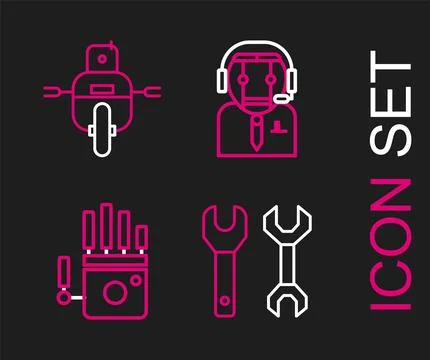 Set line Spanner, Mechanical robot hand, Worker and Robot icon. Vector イラスト素材