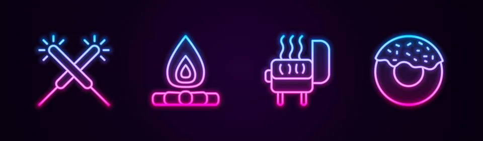 Set line Sparkler firework, Campfire, Barbecue grill and Donut. Glowing neon Stock Illustration