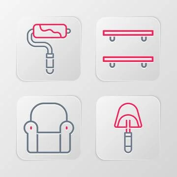 Set line Spatula, Armchair, Empty wooden shelves and Paint roller brush icon Stock Illustration