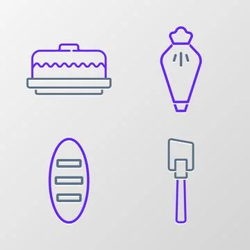 Set line Spatula, Bread loaf, Pastry bag and Cake icon. Vector Stock Illustration