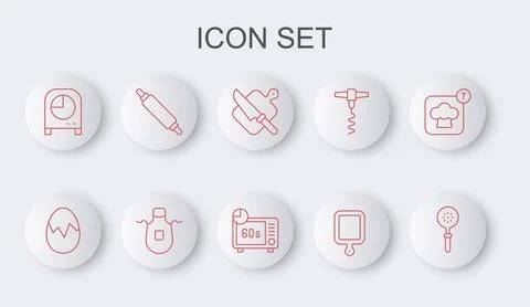 Set line Spatula, Broken egg, Cutting board and knife, Kitchen timer, Rolli.. Stock Illustration