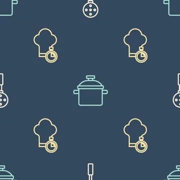 Set line Spatula, Chef hat and Cooking pot on seamless pattern. Vector 스톡 일러스트