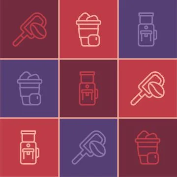 Set line Spatula with coffee grain, Electric grinder and Iced icon. Vector Stock Illustration