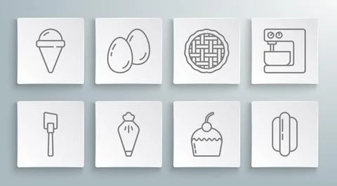 Set line Spatula, Easter eggs, Pastry bag, Cake, Hotdog sandwich, Homemade pie Illustrazione stock