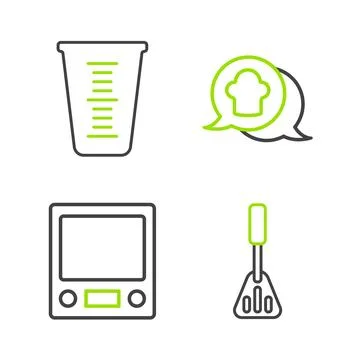 Set line Spatula, Electronic scales, Chef hat in speech bubble and Measurin.. Stock Illustration
