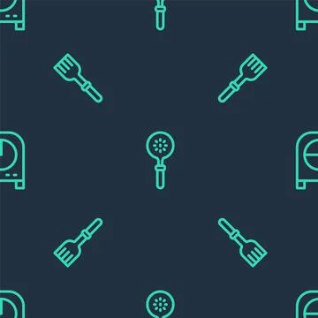 Set line Spatula, Fork and Kitchen timer on seamless pattern. Vector Stock Illustration