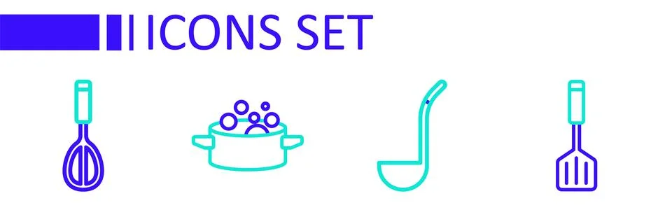 Set line Spatula, Kitchen ladle, Cooking pot and whisk icon. Vector Stock Illustration