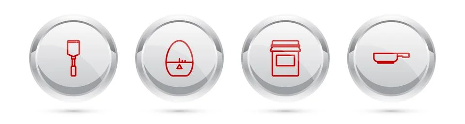 Set line Spatula, Kitchen timer, Jam jar and Frying pan. Silver circle button Stock Illustration