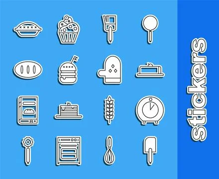 Set line Spatula, Kitchen timer, Strawberry cheesecake slice, brush, Burger.. Stock Illustration