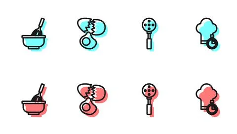 Set line Spatula, Kitchen whisk with bowl, Broken egg and Chef hat icon. Vector Stock Illustration