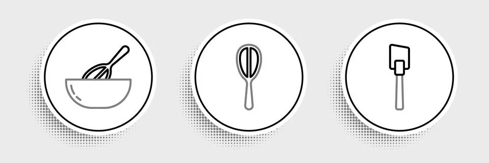 Set line Spatula, Kitchen whisk and bowl and  icon. Vector Stock Illustration